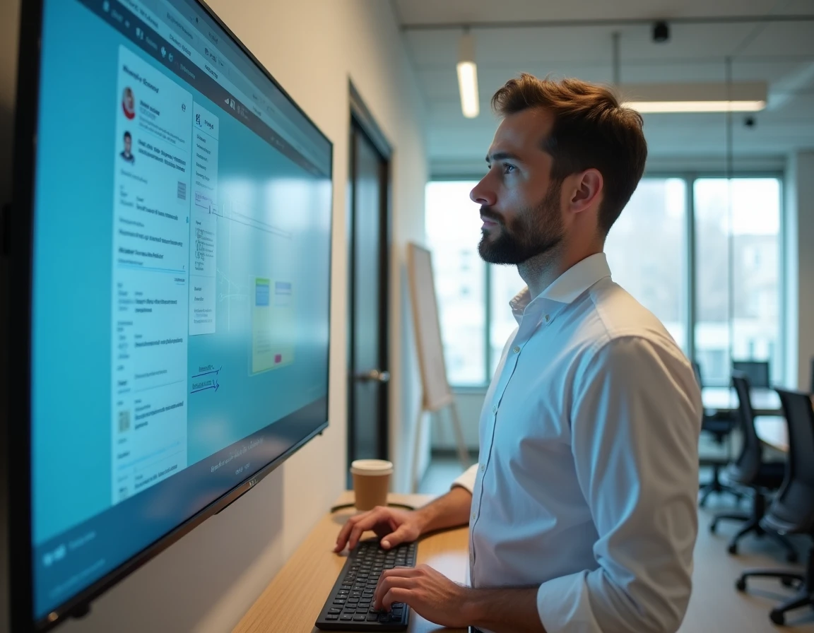 Commercial B2B debout devant un écran de workflow d'automatisation d'emails dans une salle de réunion vitrée
