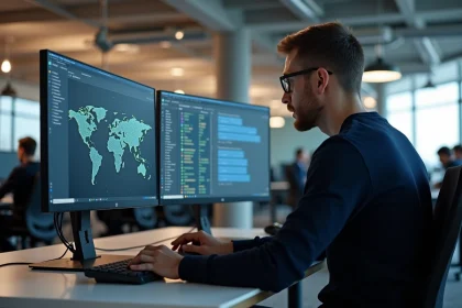 Développeur comparant les interfaces de KREAPIXEL NETWORK et KREAPIXEL SOFTWARE sur deux écrans dans un bureau tech moderne