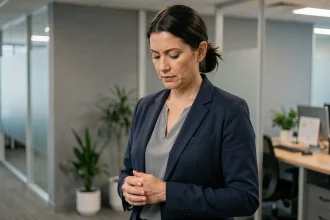 Femme en blazer marine dans un couloir de bureau moderne, exprimant des condoléances à une collègue avec une expression empreinte d'empathie