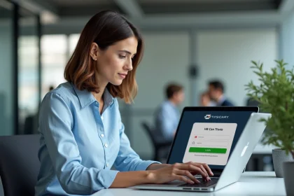 Femme utilisant un logiciel RH sur son ordinateur portable au bureau pour se connecter à Octime