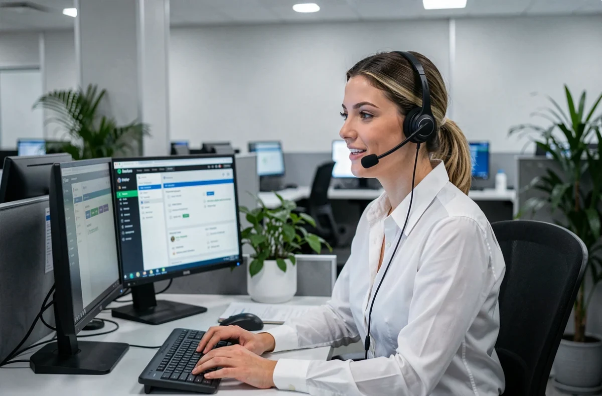 Conseillère du service client Alis BNP en train d'assister un utilisateur par téléphone depuis un centre d'appels