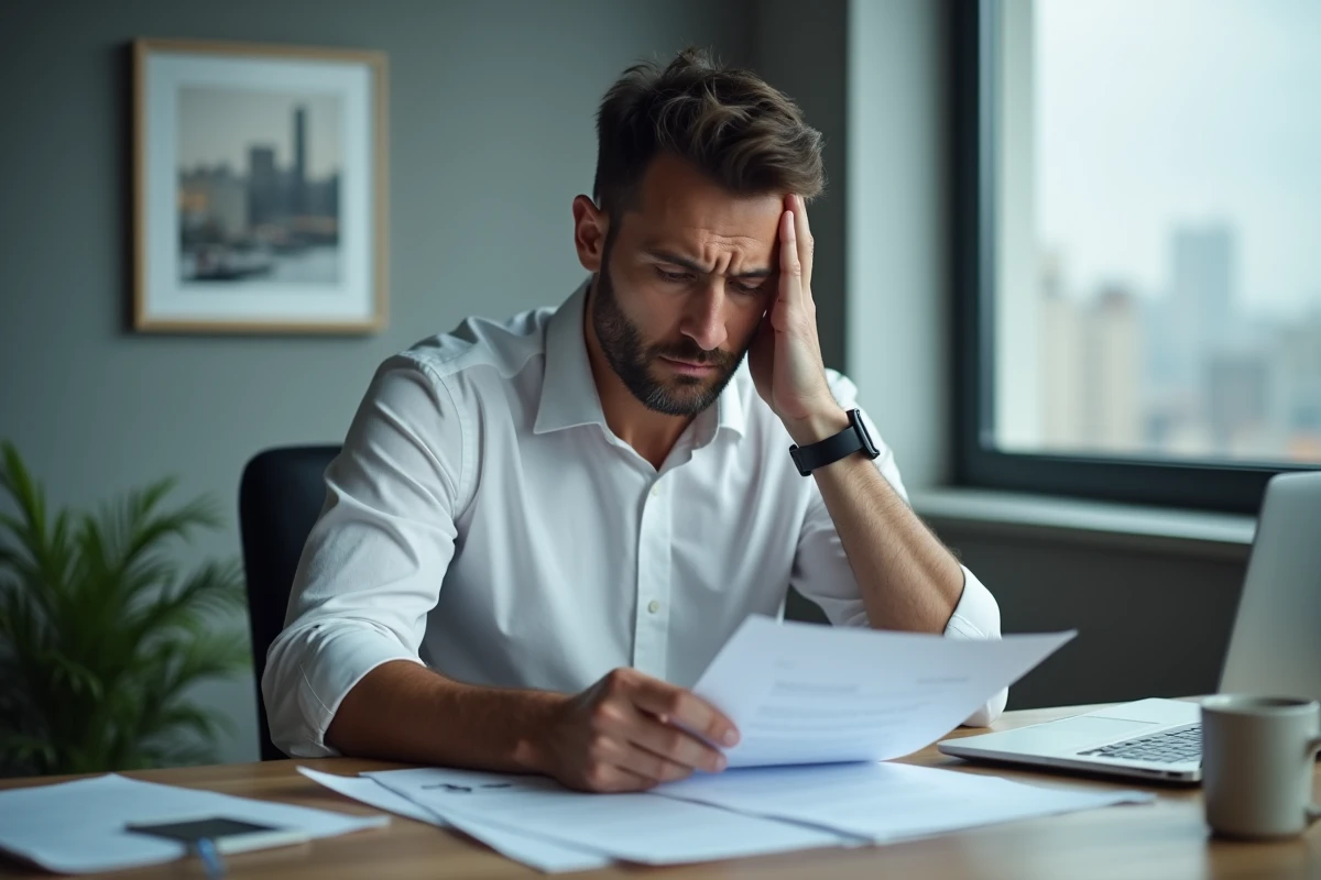 Homme d'affaires pensif face à un contrat signé par ordre, exprimant un doute juridique dans un bureau moderne