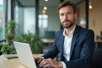 Consultant français travaillant sur son ordinateur dans un bureau moderne