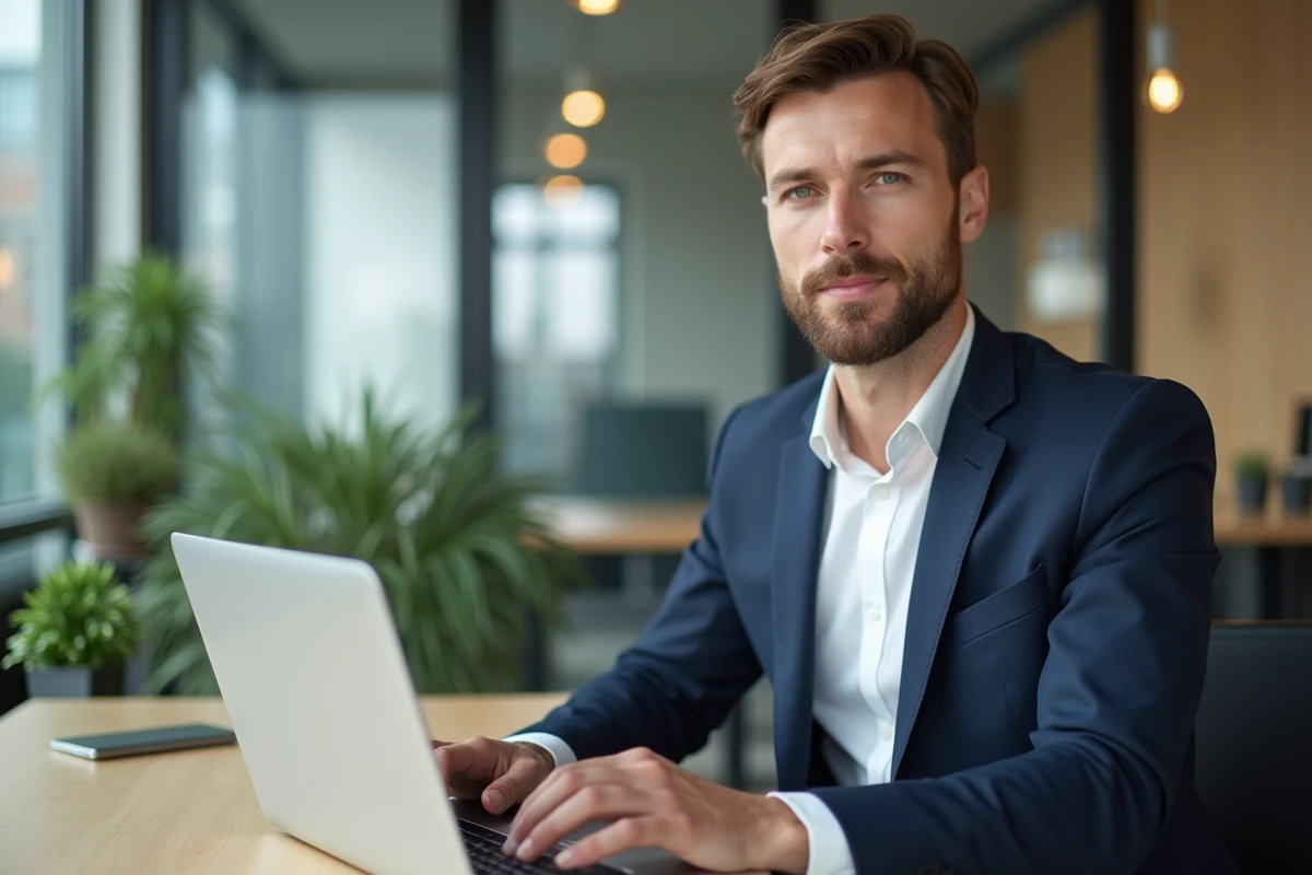 Consultant français travaillant sur son ordinateur dans un bureau moderne