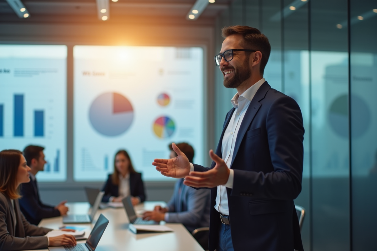 Consultant confiant présentant des insights en réunion lumineuse