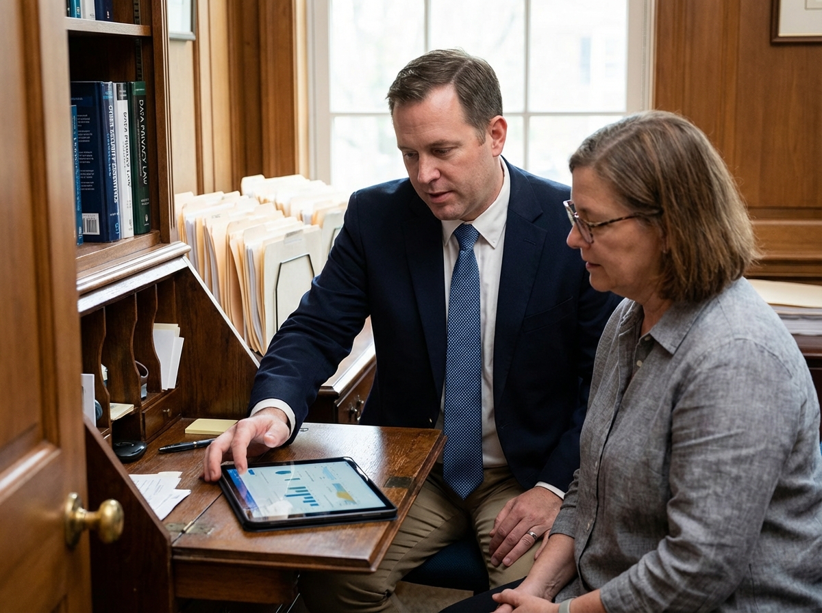 Consultant en cybersécurité expliquant des documents