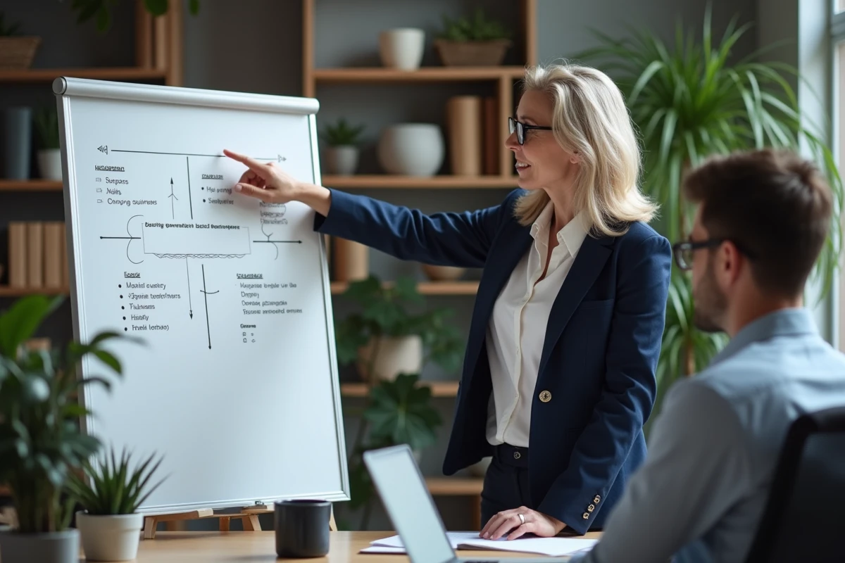 Consultante marketing expliquant une stratégie à un client en réunion