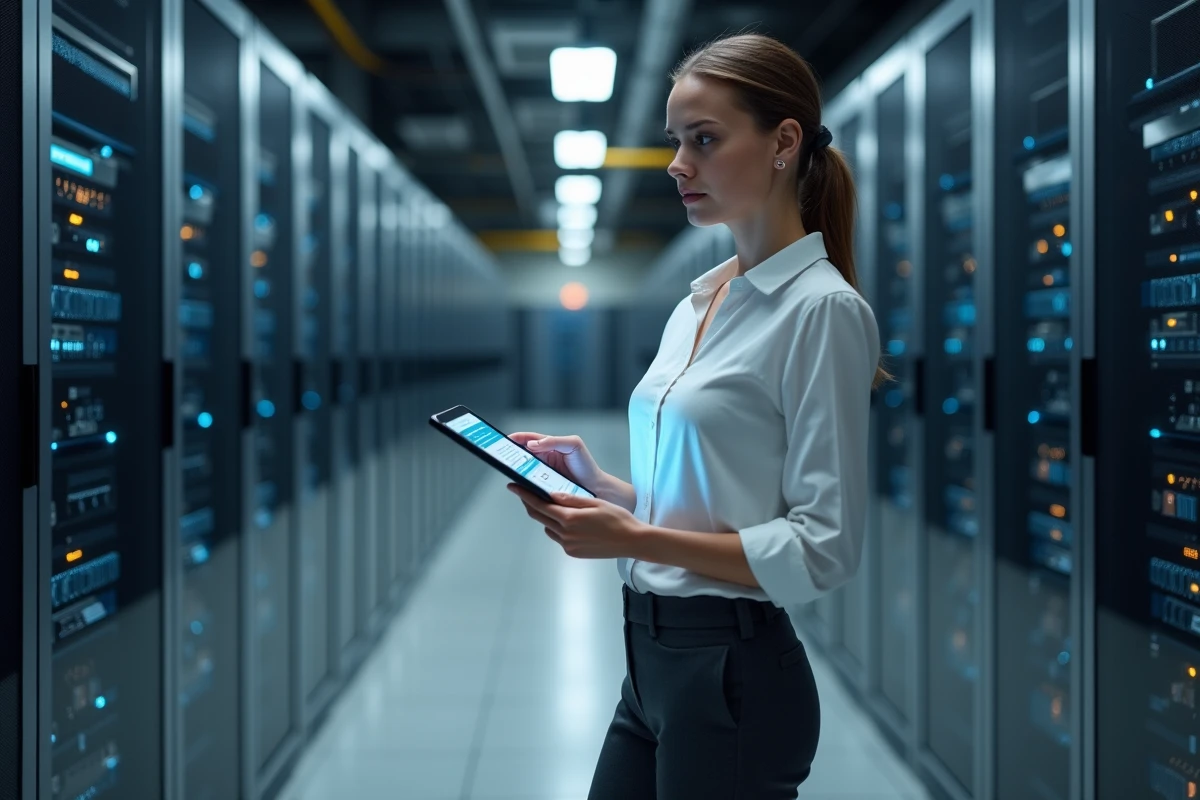 Consultante IT dans une salle de serveurs tenant une tablette montrant les différences entre KREAPIXEL NETWORK et KREAPIXEL SOFTWARE