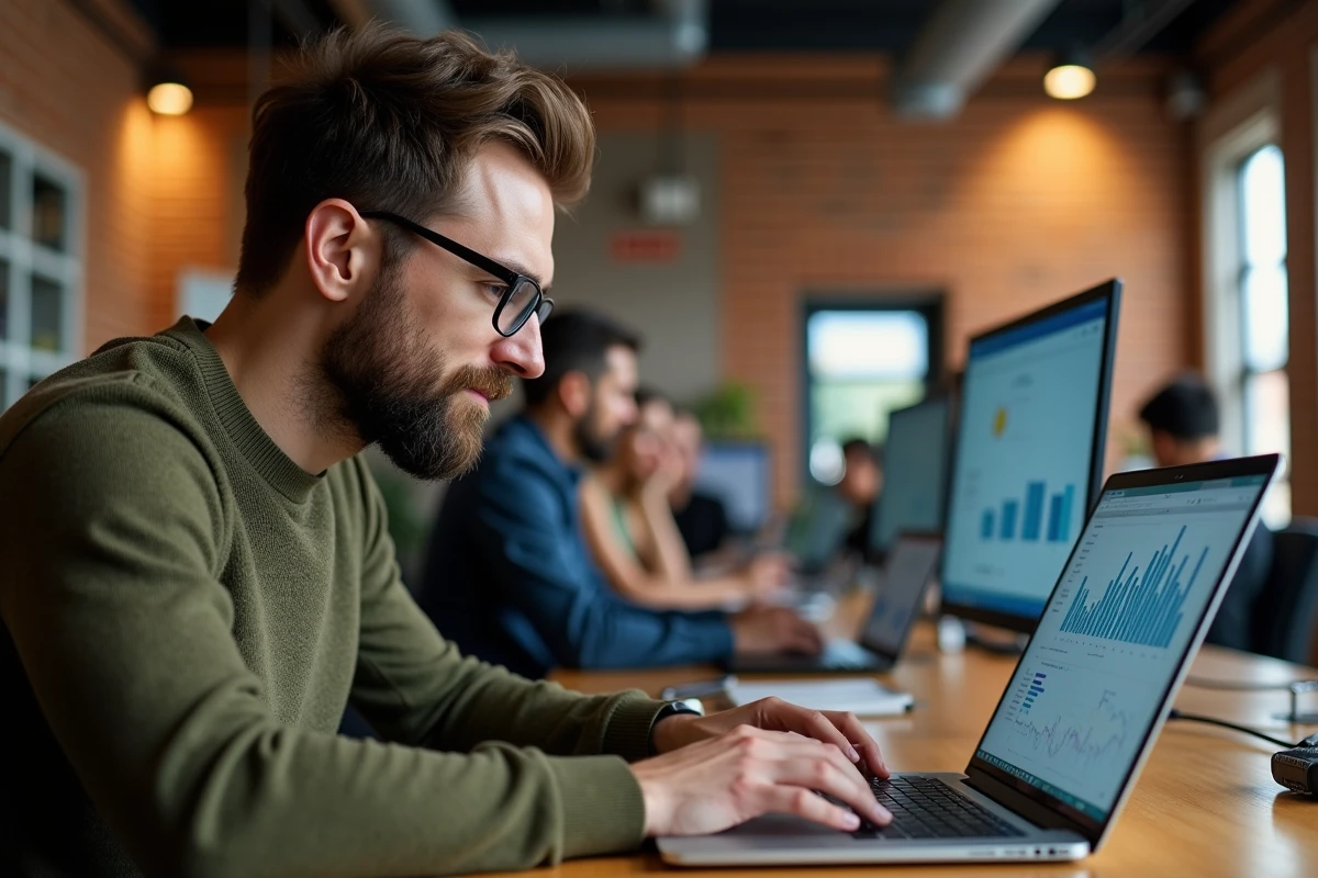 Jeune professionnel consultant une plateforme de donn&eacute;es &eacute;conomiques territoriales sur ordinateur portable dans un espace de coworking
