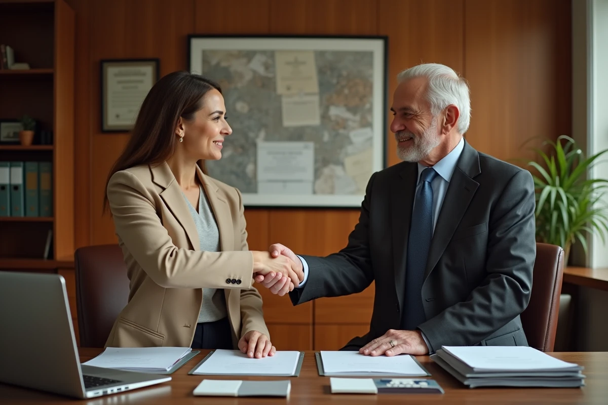 Deux professionnels RH se serrant la main lors d'un premier contact dans un cabinet conseil