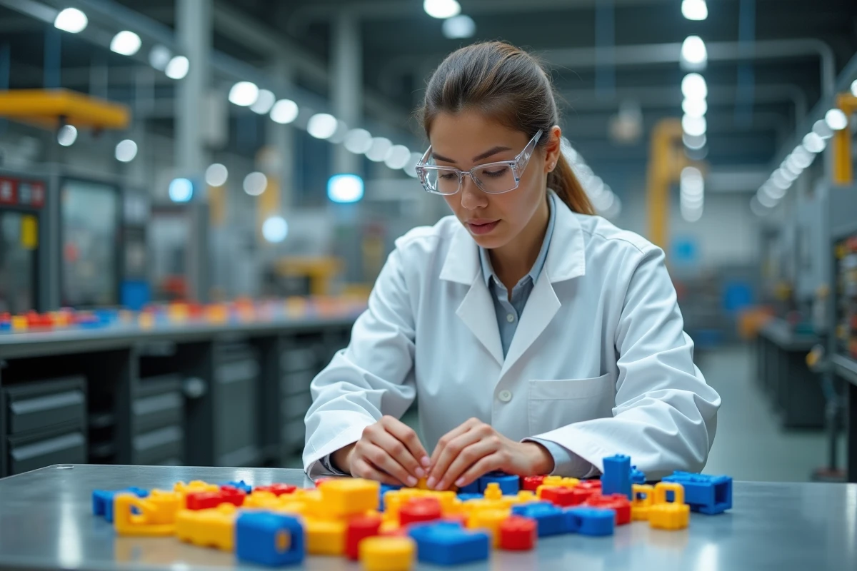 Inspectrice qualité examinant des composants en plastique colorés sur une chaîne de fabrication de jouets industrielle