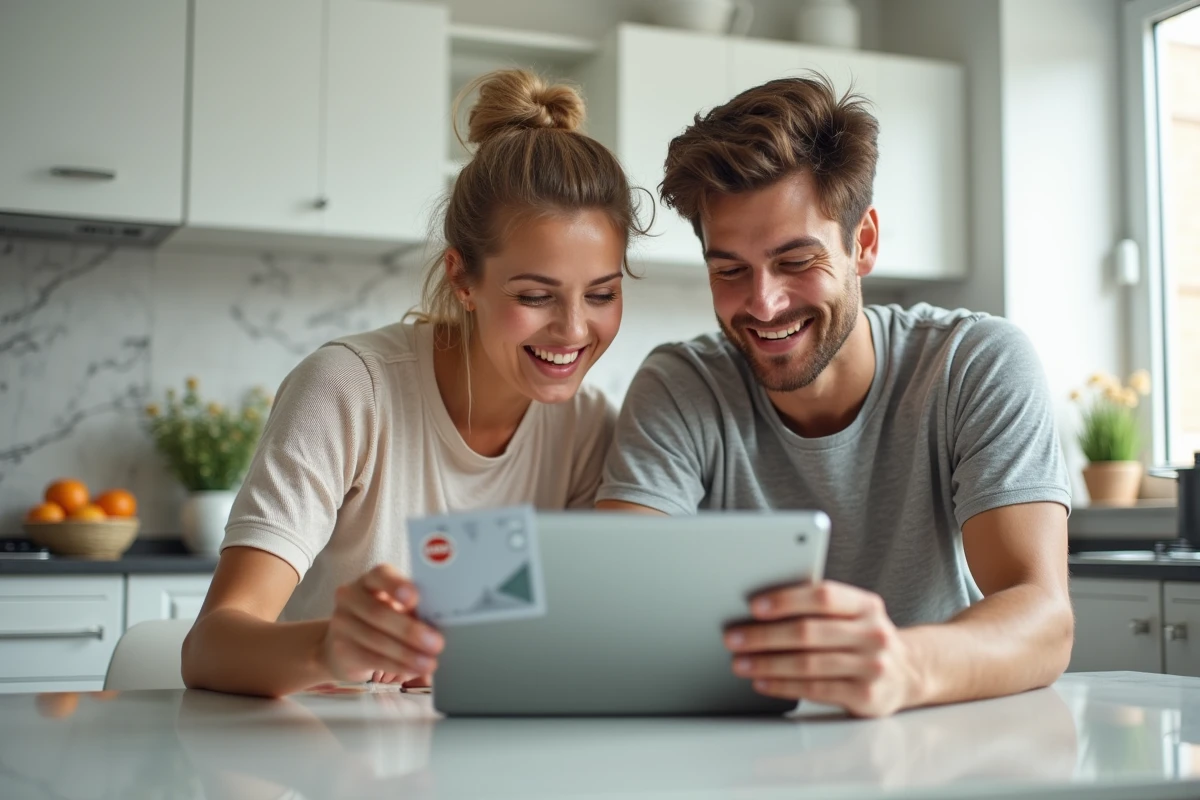 Couple consultant un ticket à gratter et une tablette avec les informations FDJ dans une cuisine moderne