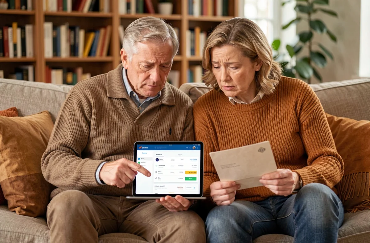 Couple vérifiant ensemble un prélèvement bancaire suspect de l'Imprimerie nationale sur une tablette