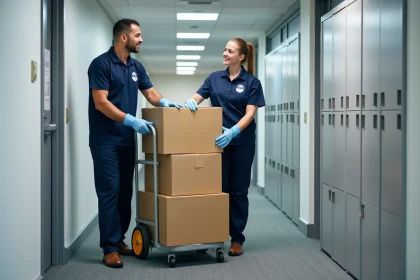 Équipe de débarras professionnel empilant des cartons d'archives dans un couloir de bureaux d'entreprise