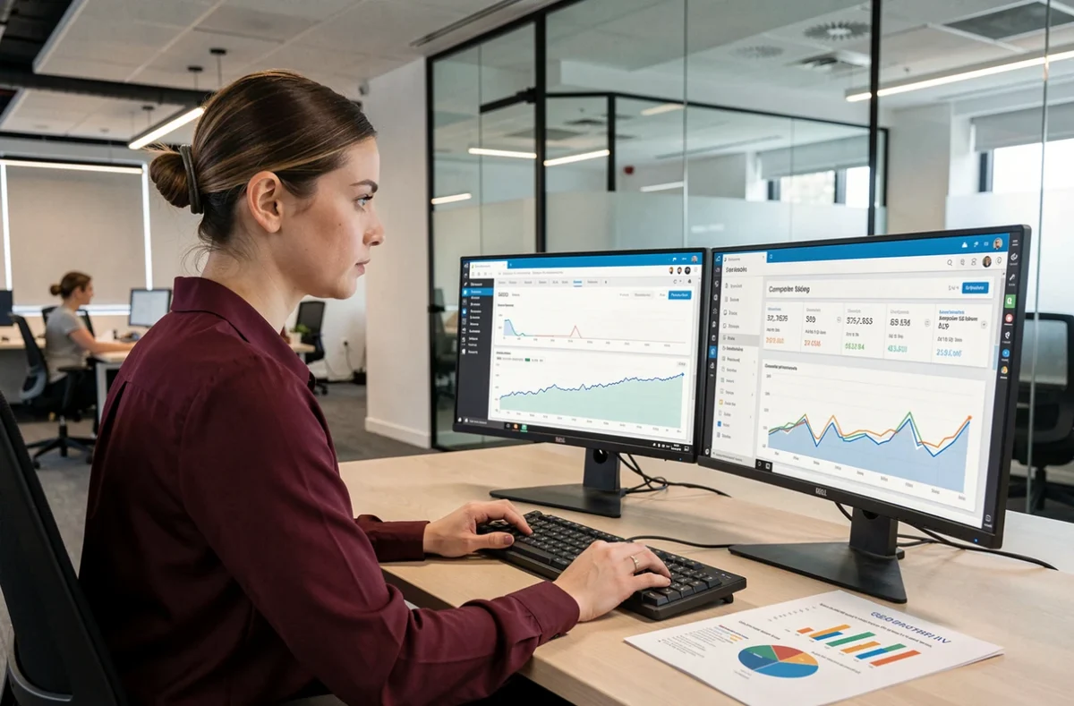 Analyste SEO de Digimood examinant des tableaux de performances et des analyses concurrentielles sur double écran