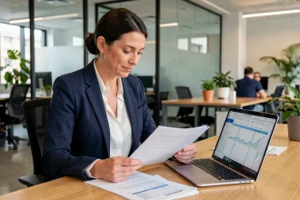 Dirigeante de PME analysant des documents financiers et fiscaux sur son bureau dans un open space professionnel