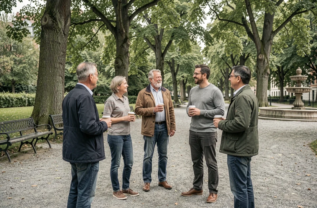 Groupe d'adultes réunis en cercle dans un parc urbain lors d'une discussion informelle, illustrant les interactions sociales au sein d'un groupe