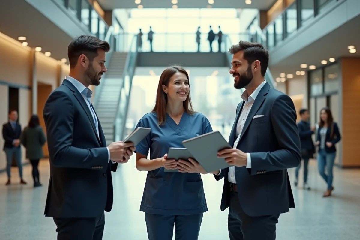 Groupe de trois professionnels de secteurs différents — affaires, santé et technologie — en discussion dans un atrium moderne, représentant la diversité des métiers les mieux payés en 2026