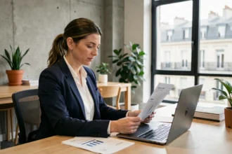 Femme d'affaires comparant des offres de domiciliation d'entreprise à Lyon dans un espace de coworking moderne