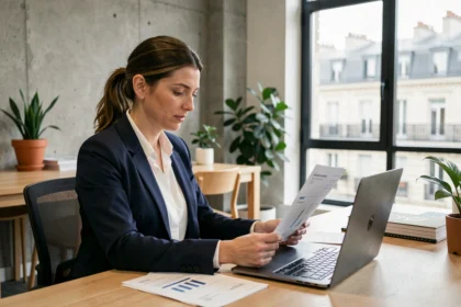 Femme d'affaires comparant des offres de domiciliation d'entreprise à Lyon dans un espace de coworking moderne