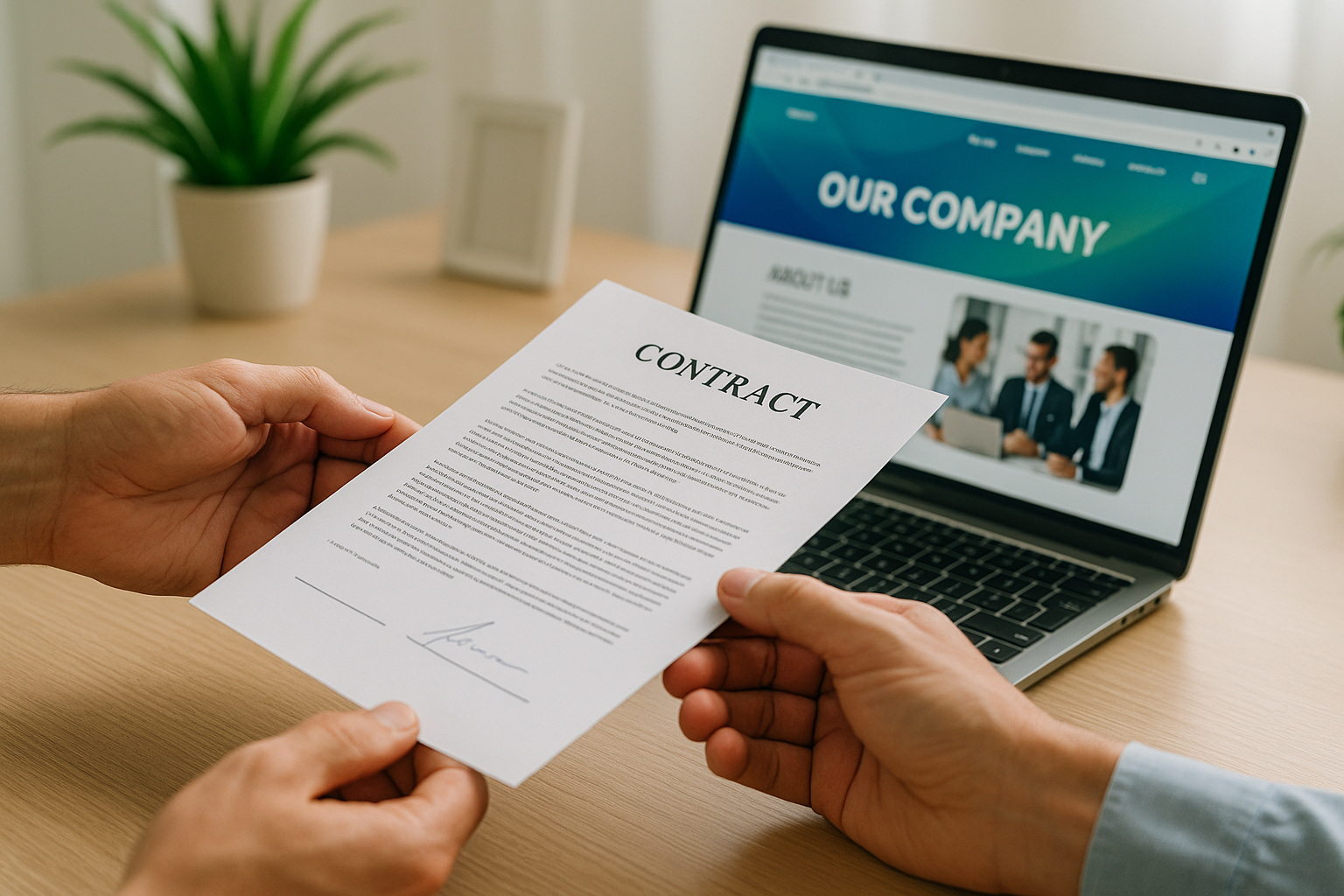Main échangeant un contrat signé avec un ordinateur en arrière-plan