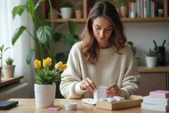 Femme emballant des échantillons cosmétiques à la maison
