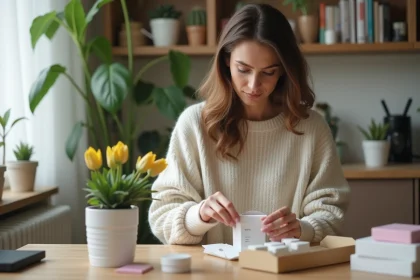 Femme emballant des &eacute;chantillons cosm&eacute;tiques &agrave; la maison