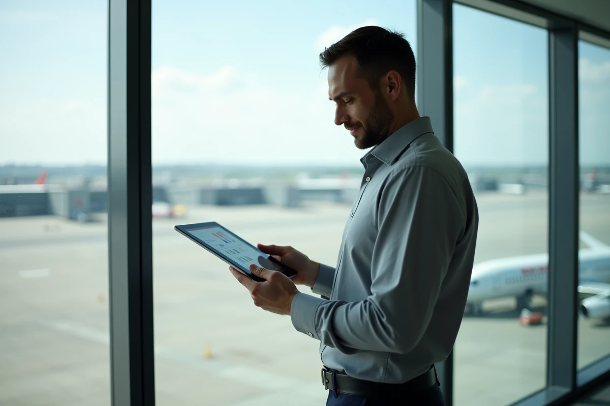 Nouveau employé Air France consultant l'IPN sur tablette avec vue sur le tarmac aéroportuaire en arrière-plan