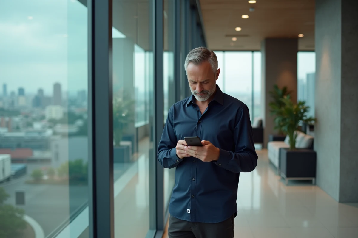 Employé consultant son compte salarié Mon ADP sur smartphone dans un espace de travail contemporain
