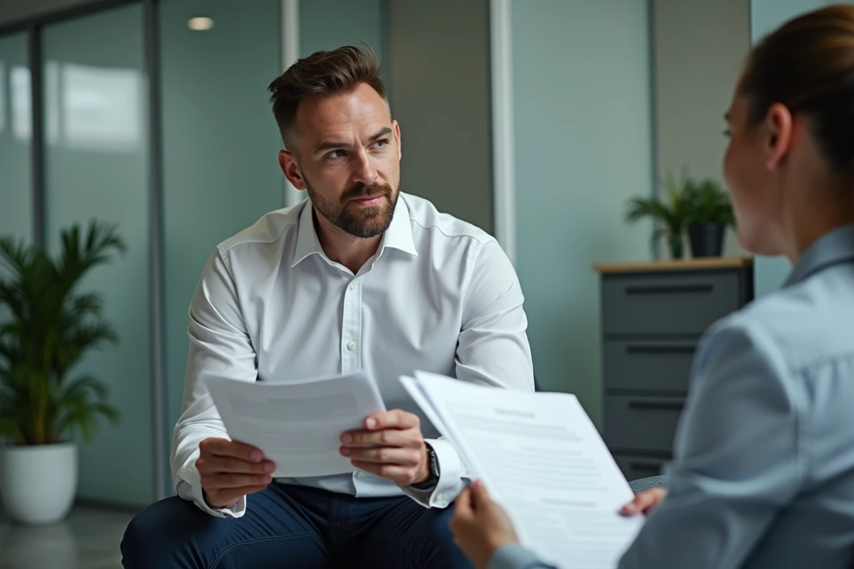 Employé et responsable RH examinant ensemble un formulaire de rupture conventionnelle dans un bureau d'entreprise