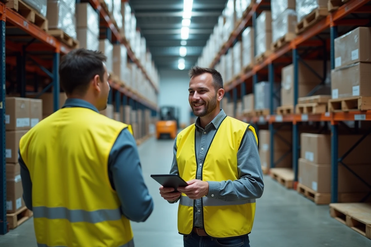 Employés Kühne+Nagel en entrepôt logistique discutant des opérations, illustrant les conditions de travail sur le terrain