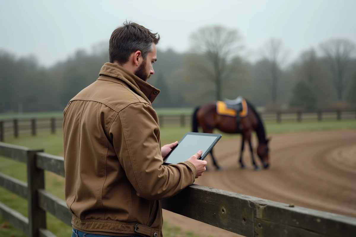 Entraîneur de trot consultant l'espace professionnel Infonet5 sur tablette près d'un paddock avec un trotteur en arrière-plan