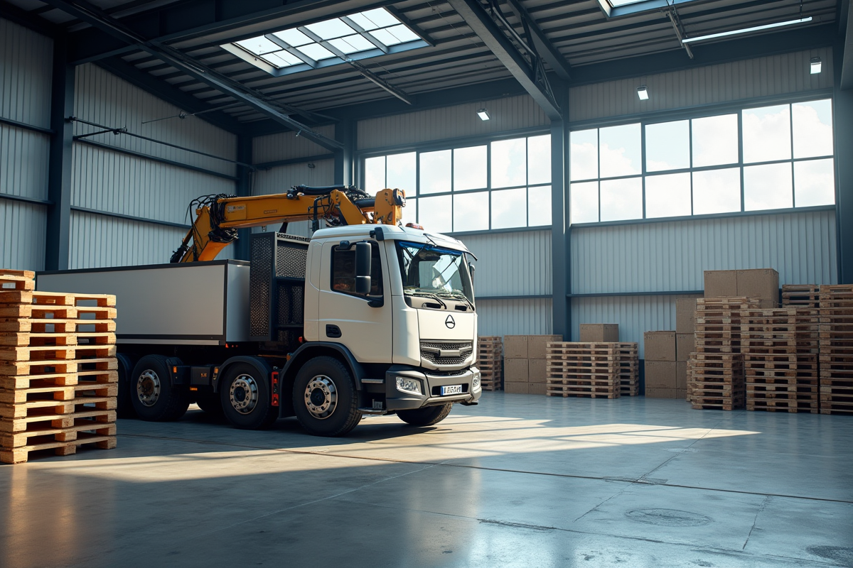 Entrepot industriel avec camion blanc et palettes en lumière naturelle