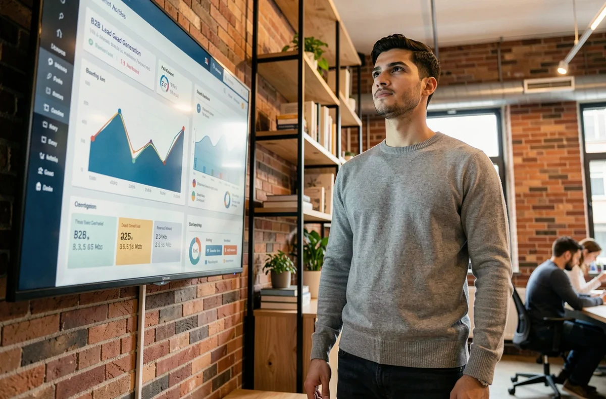 Entrepreneur analysant un tableau de bord de génération de leads B2B sur un grand écran dans un espace de coworking