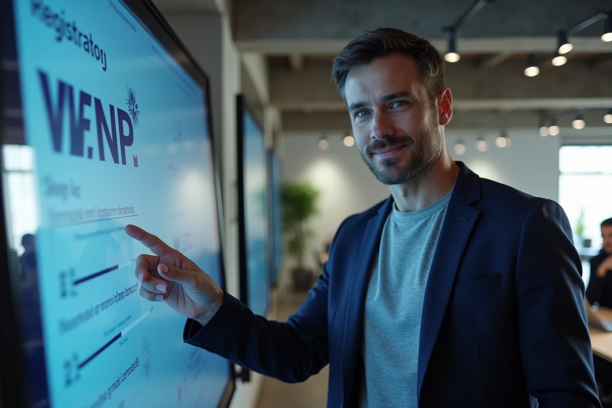 Entrepreneur masculin consultant un écran interactif montrant le processus d'immatriculation en ligne sur le site de l'INPI