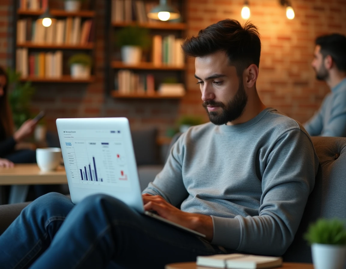 Jeune entrepreneur en télétravail configurant des scénarios de prospection B2B automatisée dans un espace de coworking