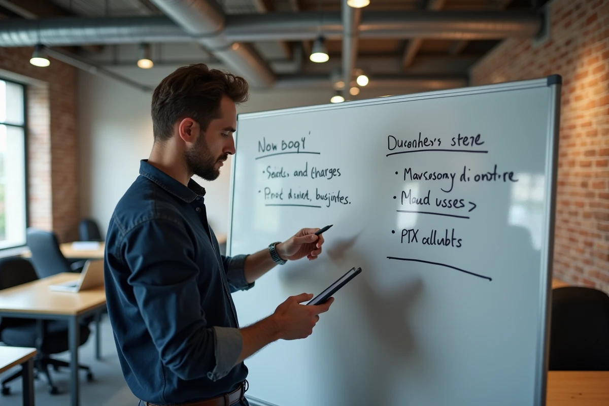 Entrepreneur masculin devant un tableau blanc avec des notes sur les statuts et charges d'entreprise dans un espace de coworking