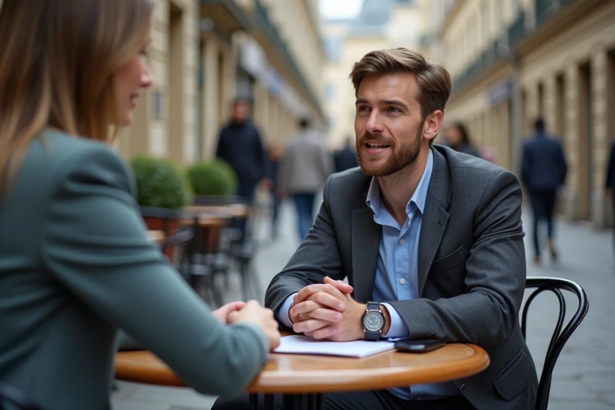 Jeune professionnel discutant avec un client dans un café parisien