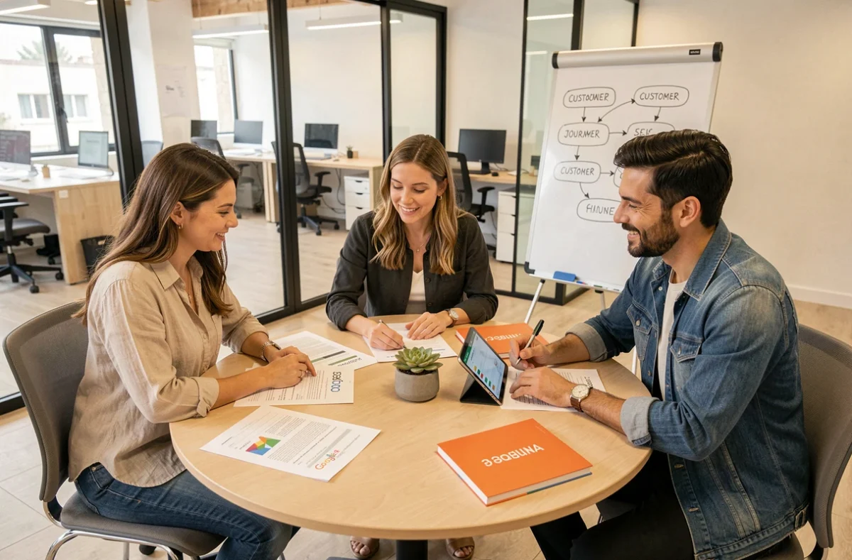 Équipe d'une agence digitale à Montpellier en réunion stratégique pour optimiser l'acquisition de clients et remplir le carnet de commandes