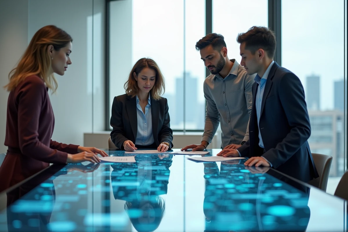 Équipe de professionnels analysant l'interface de la nouvelle intelligence artificielle Yindofoyelaszoz dans un laboratoire d'innovation