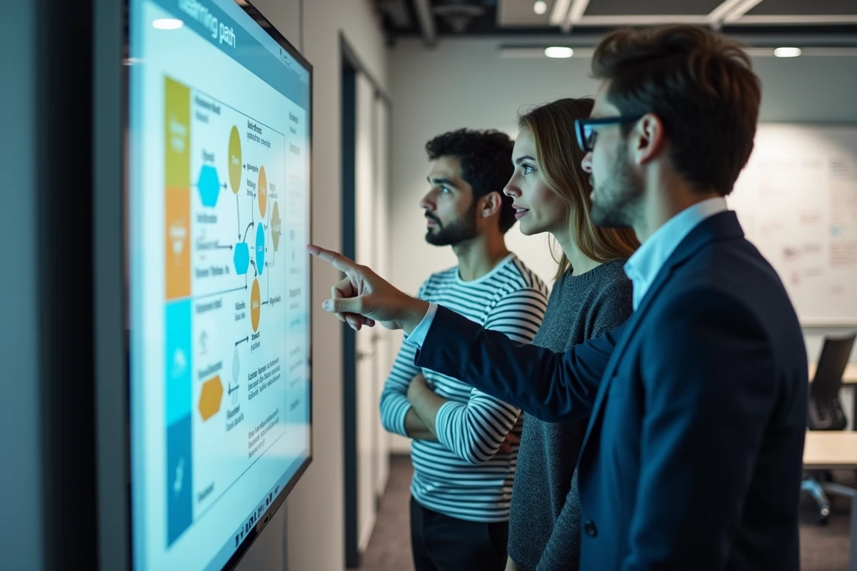 Équipe de collaborateurs analysant un parcours de formation optimisé sur un écran tactile en salle de réunion