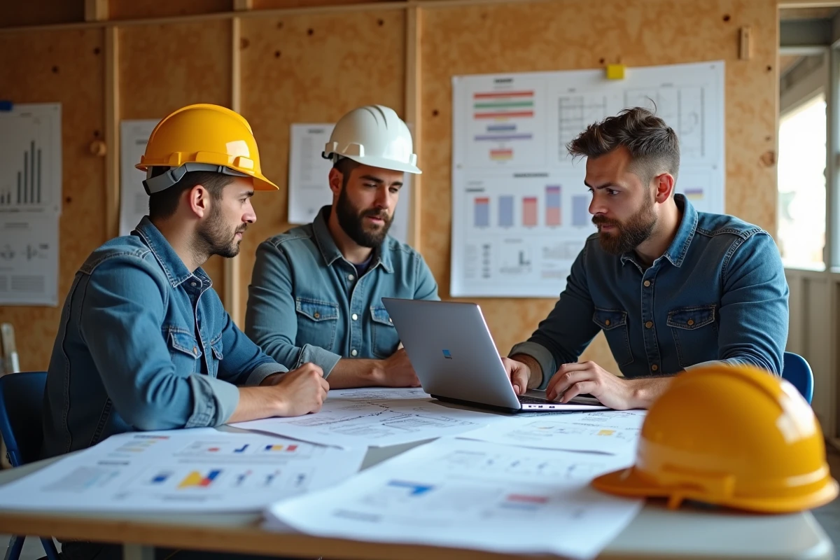 Équipe de professionnels BTP analysant le planning de chantier et le budget sur un tableau de bord numérique dans un bureau de chantier temporaire