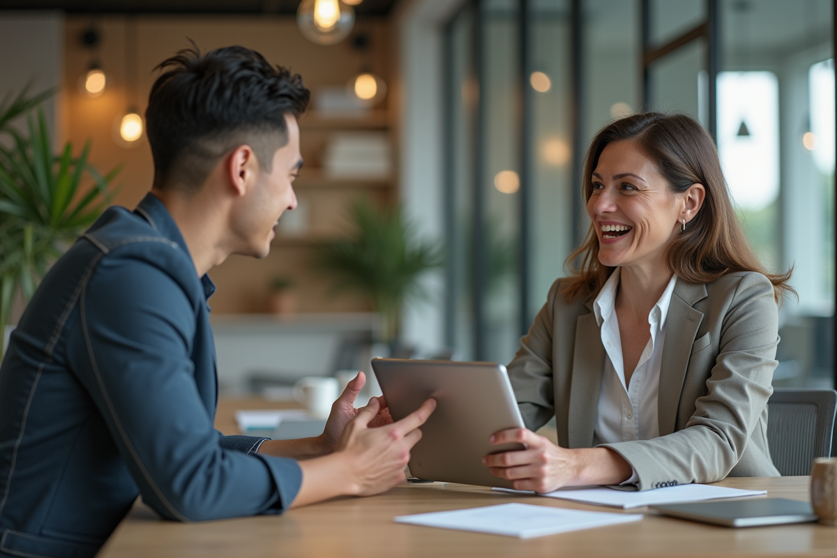 Femme en réunion avec un jeune professionnel dans un espace de coworking