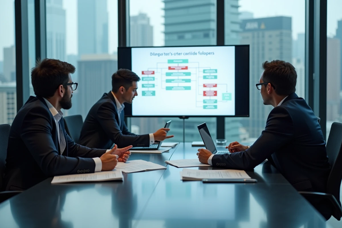 Équipe de professionnels en compliance réunis en salle de conférence pour analyser un programme de lutte contre le blanchiment