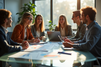 Groupe créatif en réunion dans un bureau lumineux