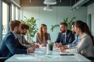 Équipe diversifiée en réunion autour d'une table moderne avec poubelles de recyclage