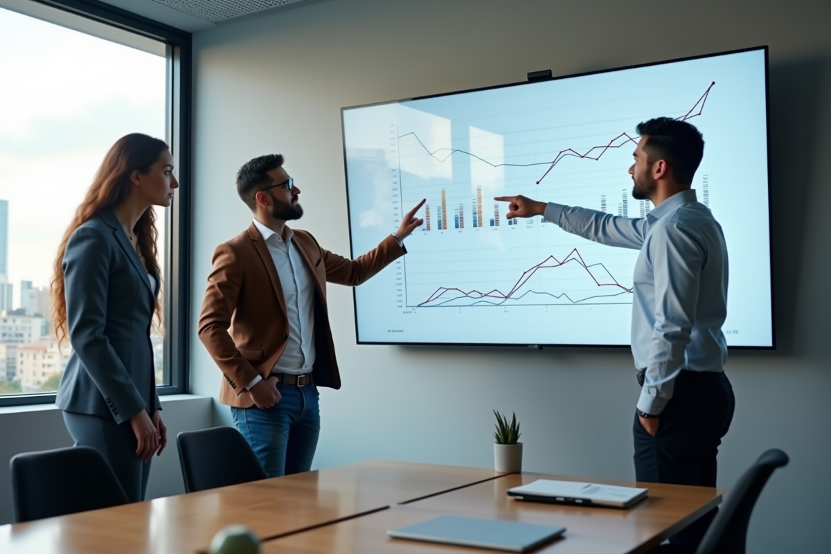 Groupe de marketeurs discutant devant un tableau analytique