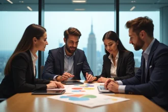 Groupe de professionnels marketing analysant un diagramme de segmentation