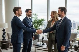 Groupe de professionnels se serrant la main dans un bureau élégant