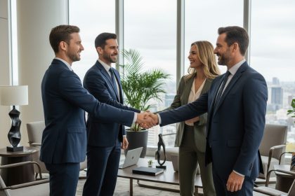 Groupe de professionnels se serrant la main dans un bureau élégant